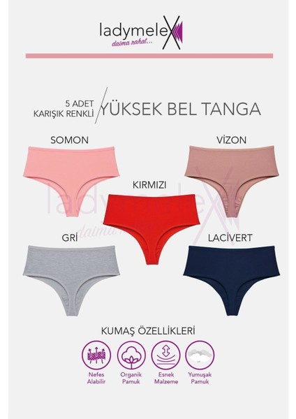 Kadın Tanga, 5'li Paket, Yüksek Bel Tanga, Lacivert Gri Vizon Somon Bordo, %100 Rahat Kumaş