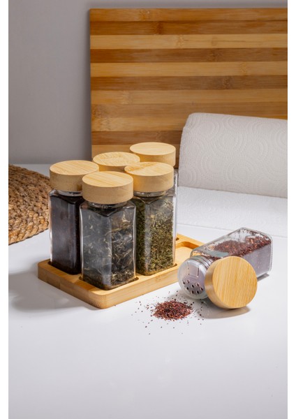 Doğal Bambu Kapaklı 6'lı Cam Baharatlık Seti Vakumlu Kapak ve Ahşap Stand