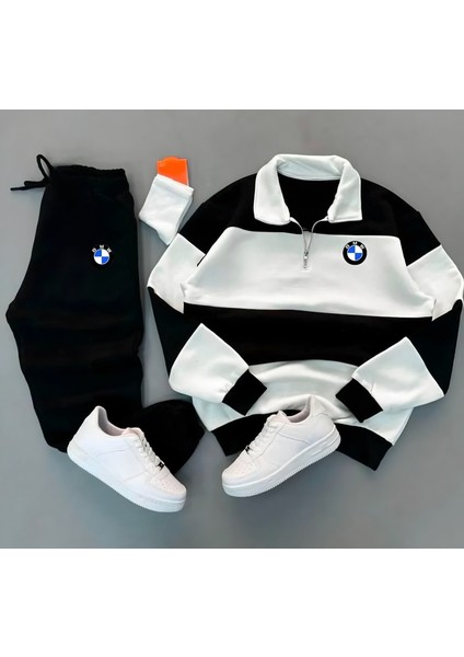 Yeni Sezon 3 Iplik Şardonlu Bmw Baskılı Yarım Fermuarlı- Eşofman Altı Takım 2'li
