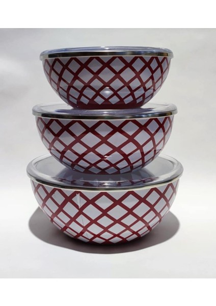 Oval Tabanlı 3lü Emaye Saklama Kapları Sızdırmaz Şeffaf Kapaklı Ultra Lüx 16-18-20CM Çinko Tabak Set