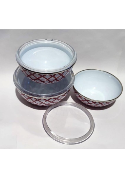 Oval Tabanlı 3lü Emaye Saklama Kapları Sızdırmaz Şeffaf Kapaklı Ultra Lüx 16-18-20CM Çinko Tabak Set