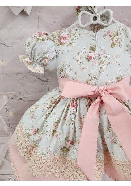 Mint Yeşili Somon Güllü Vintage Bebek Elbise,doğum Günü Elbise,fotoğraf Çekim Elbise,0-12 Yaş Uygun modelleri