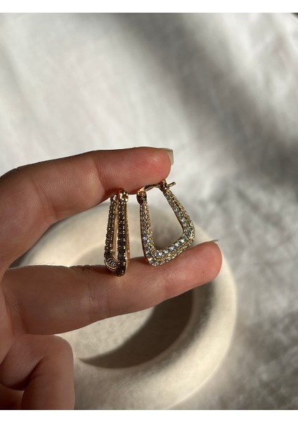 Nature Çelik Zirkon Taşlı Gold Renk Köşeli Küpe