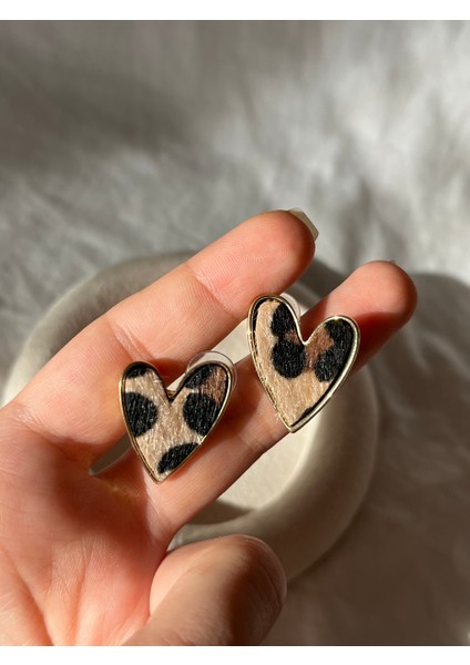 Nature Çelik Gold Renk Leopar Desenli Kalp Küpe