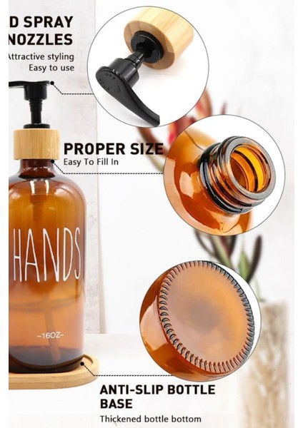 Bambu Standlı Amber Cam Sıvı Sabunluk Seti - 2'li 2 x 475 ml