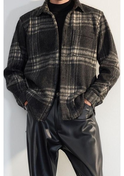 Moda Gömlek Yaka Ekose Uzun Kol Oversize Fit Kışlık Kareli Oduncu Gömlek Ceket