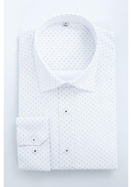 Moda Gömlek Yaka Geometrik Uzun Kol Slim Fit Desenli Erkek Klasik Smart Gömlek