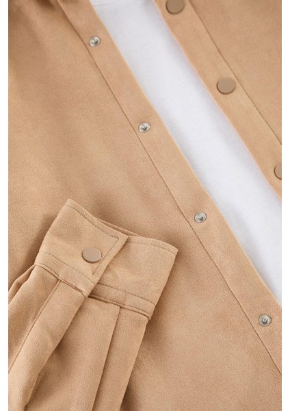 Moda Gömlek Yaka Düz Uzun Kol Slim Fit Süet Kışlık Gömlek