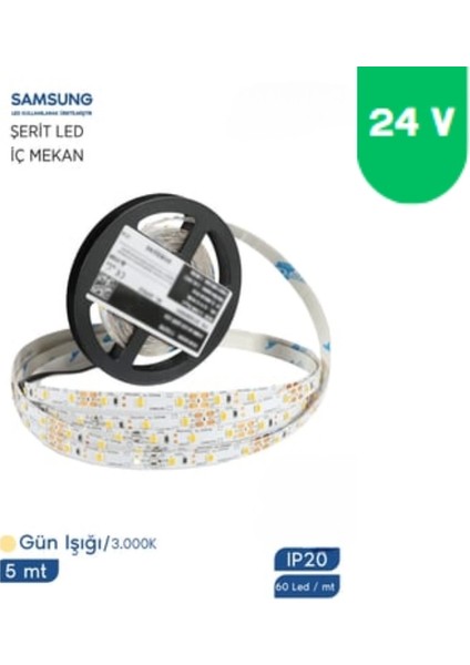 24 Volt 2835 Samsung 60 LED 3000 K Günışığı Iç Mekan 5 Metre Şerit LED