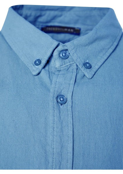 Moda Gömlek Yaka Düz Uzun Kol Mavi Unisex Regular Fit %100 Pamuk Keten Görünümlü Gömlek