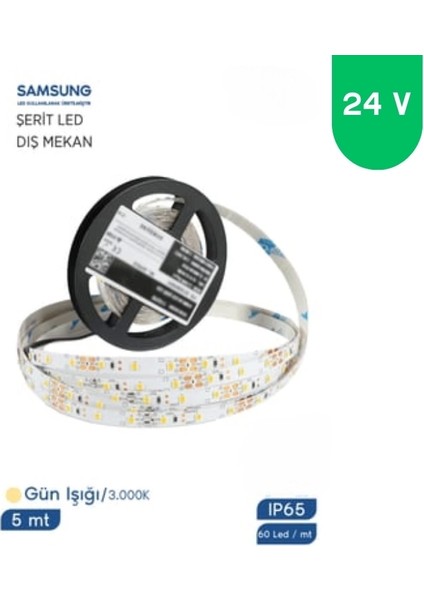 24 Volt 2835 Samsung 60 LED 3000 K Günışığı Dış Mekan 5 Metre Şerit LED IP65