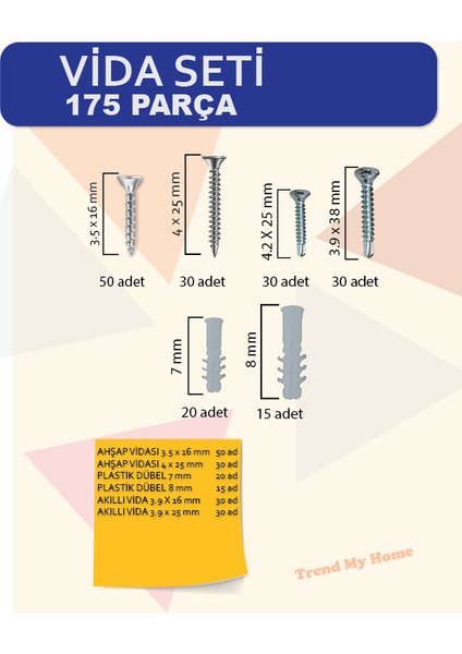 6 Çeşit 175 Parça Vida Dübel Seti