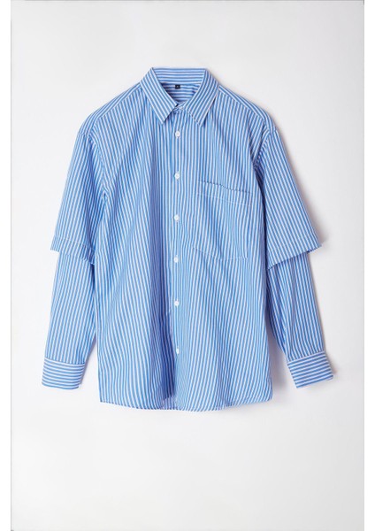 Şık Çizgili Desen Gömlek Yaka Limited Edition Relaxed Fit Alttan Çıkma Kollu Gömlek
