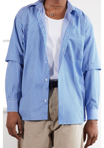 Şık Çizgili Desen Gömlek Yaka Limited Edition Relaxed Fit Alttan Çıkma Kollu Gömlek modelleri