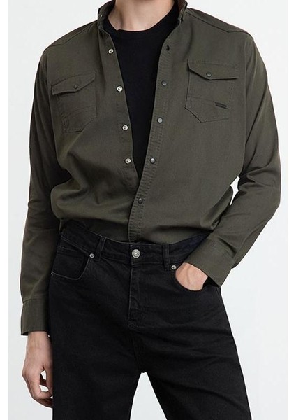 Şık Düz Desen Gömlek Yaka Erkek Regular Çift Cepli Denim Kot Gömlek