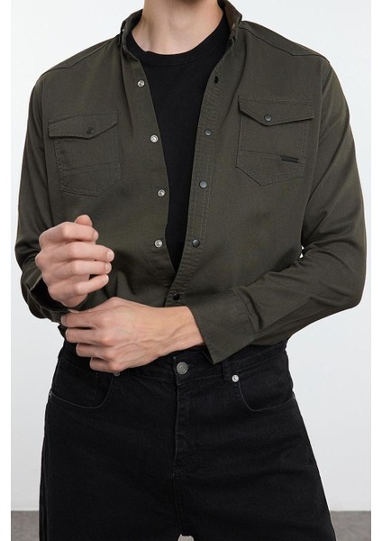 Şık Düz Desen Gömlek Yaka Erkek Regular Çift Cepli Denim Kot Gömlek