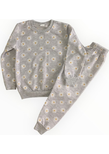 Kız Çocuk Iki Iplik Pamuklu Şardonlu Gri Papatya Desenli Uzun Kollu Pijama Takımı