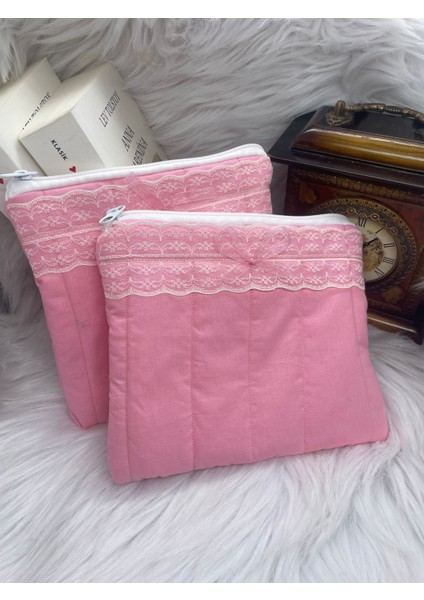 Dantel Detaylı Makyaj Çantası Pembe 18*13 cm