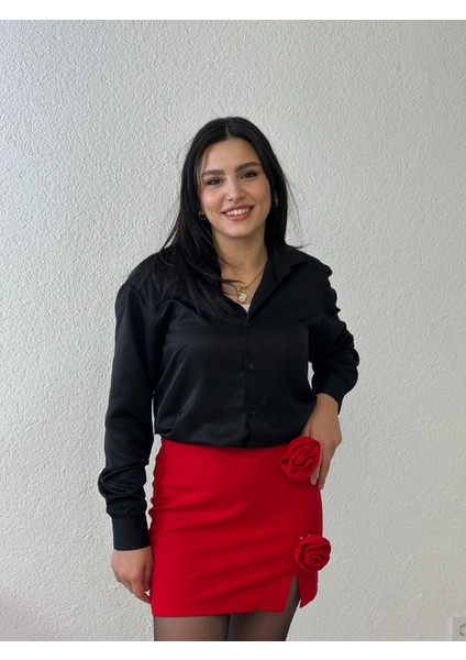 Kırmızı Iki Gül Detaylı Yırtmaçlı Etek fiyatları