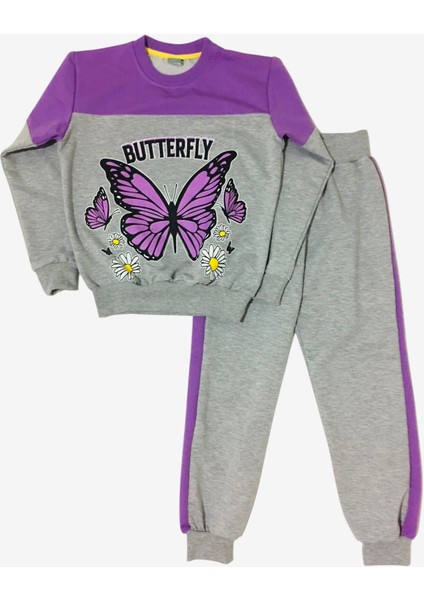 Kız Çocuk Şardonlu Mor Butterfly Kelebek Desenli Yanları Şeritli Uzun Kollu Pijama Takımı
