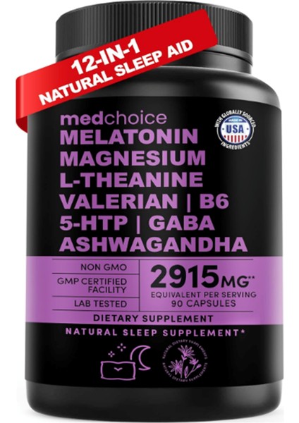 12-In-1 -Natural Sleep For Adults - Mag,nesium Glycinate 500MG, Ashvaganda, L Theanine, Valerian Root, Melatonin, Gaba, 5-Htp, 90 Capsul.made In Usa