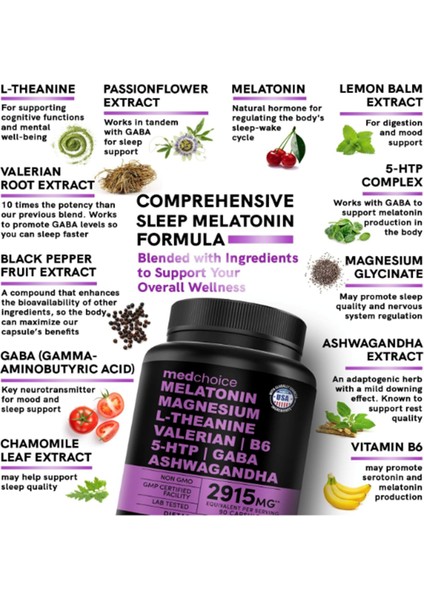 12-In-1 -Natural Sleep For Adults - Mag,nesium Glycinate 500MG, Ashvaganda, L Theanine, Valerian Root, Melatonin, Gaba, 5-Htp, 90 Capsul.made In Usa