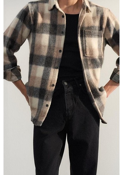 Şık Ekose Kareli Desen Gömlek Yaka Unisex Regular Fit Kışlık Kareli Oduncu Gömlek Ceket