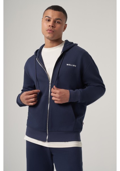 Thun Lacivert Baskı Detaylı, Fermuarlı, Kapüşonlu Oversize Sweatshirt