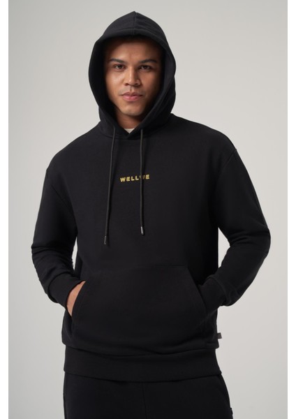 Iselt Siyah Baskılı Oversize Hoodie