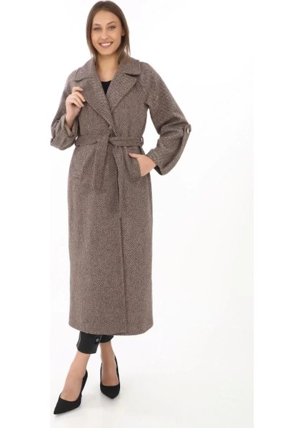 Kadın Kolu Apoletli Astarlı Kaşmir Kaşe Kaban - Vizon