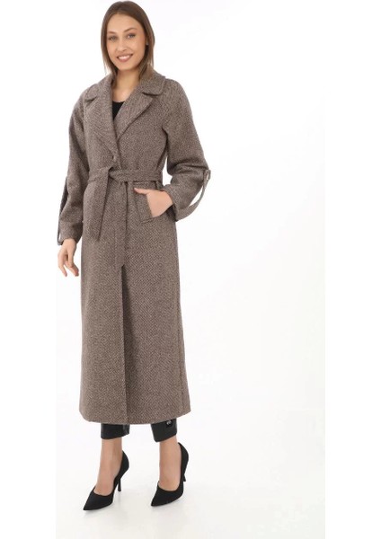 Kadın Kolu Apoletli Astarlı Kaşmir Kaşe Kaban - Vizon indirimleri