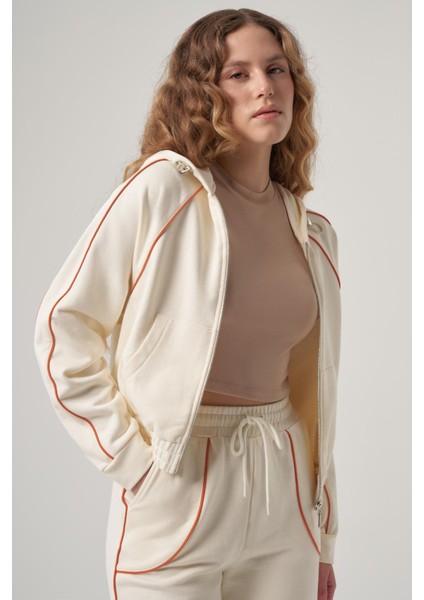 Benefit Ekru Biye Detaylı, Reglan Kol, Fermuarlı Crop Sweatshirt