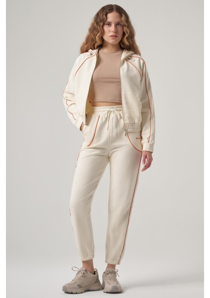 Benefit Ekru Biye Detaylı, Reglan Kol, Fermuarlı Crop Sweatshirt