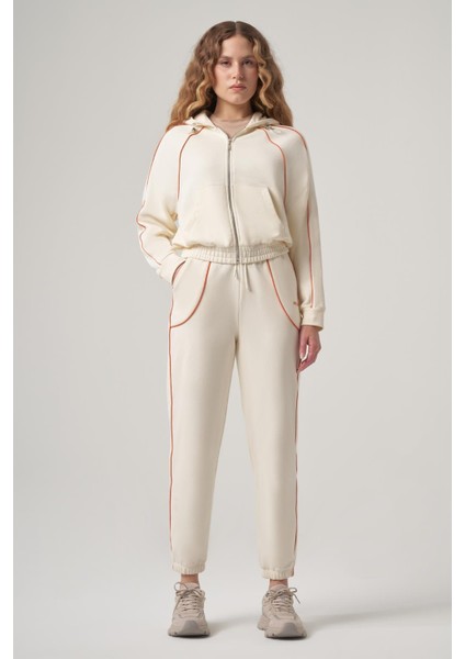 Benefit Ekru Biye Detaylı, Reglan Kol, Fermuarlı Crop Sweatshirt