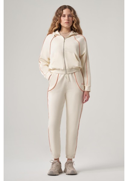 Benefit Ekru Biye Detaylı, Reglan Kol, Fermuarlı Crop Sweatshirt