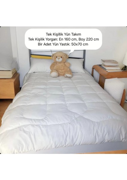 Tek Kişilik Doğal Yün Yorgan ve Yastık Takımı - Beyaz