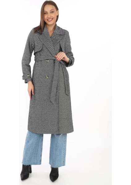 Kadın Balık Sırtı Kaşmir Uzun Kaşe Kaban - Boyalı Gri modelleri