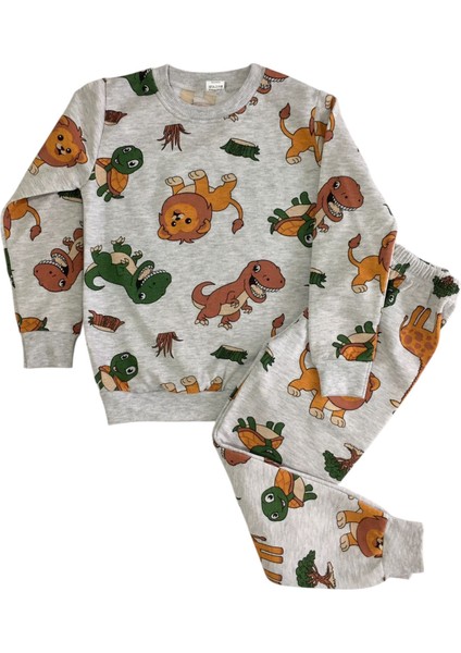 Erkek Çocuk İki İplik Pamuklu Şardonlu Gri Aslan-Dinozor Desen Uzun Kollu Kışlık Pijama Takımı