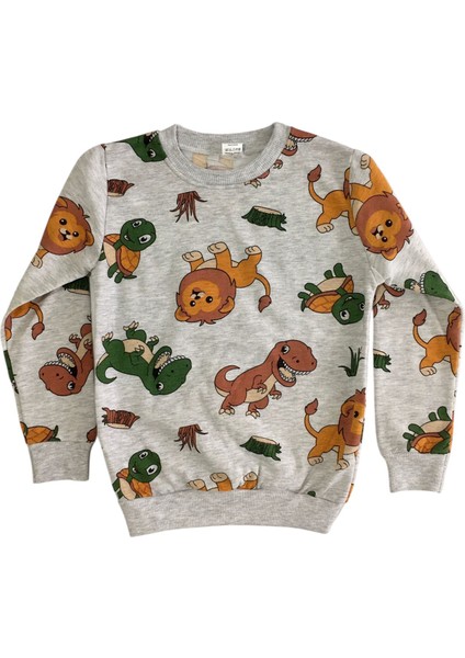 Erkek Çocuk İki İplik Pamuklu Şardonlu Gri Aslan-Dinozor Desen Uzun Kollu Kışlık Pijama Takımı fiyatları