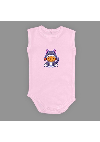 Baskılı Balıklı Kedi Bebek Çıtçıtlı Body - MNK0658-AÇIK Pembe-18 Ay