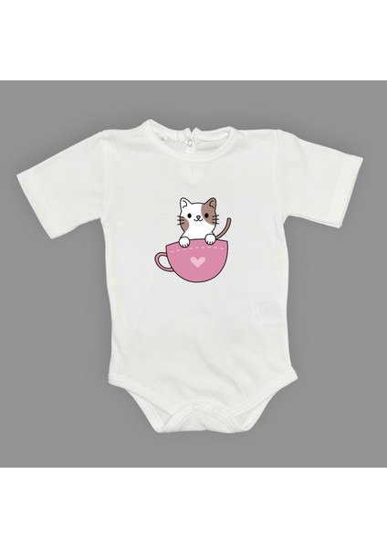 Baskılı Kalpli Fincan Kedi Bebek Çıtçıtlı Body - MNK0663-BEYAZ-1 Yaş