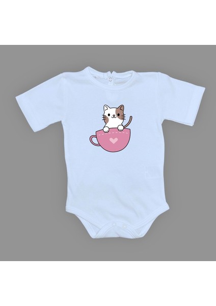 Baskılı Kalpli Fincan Kedi Bebek Çıtçıtlı Body - MNK0663-BEBE Mavi-6 Ay