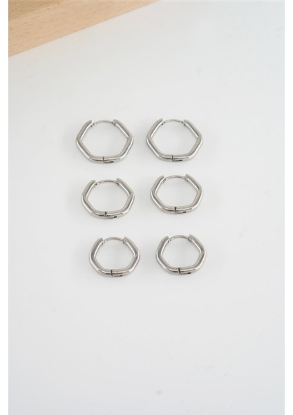 Kadın 316 L Çelik Anti Alerjenik Beşgen Model 3 Boy 1.8cm / 2.2 cm /2.5 cm Klipsli 6'lı Set Küpe fiyatları
