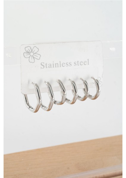 Kadın 316 L Çelik Anti Alerjenik Beşgen Model 3 Boy 1.8cm / 2.2 cm /2.5 cm Klipsli 6'lı Set Küpe modelleri