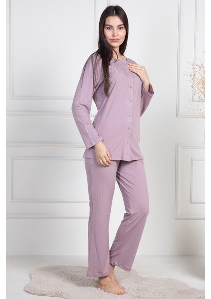 Mecit 6105 Gül Kurusu Kadın Büyük Beden Boydan Düğmeli Pijama Takımı