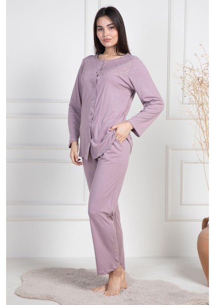Mecit 6105 Gül Kurusu Kadın Büyük Beden Boydan Düğmeli Pijama Takımı