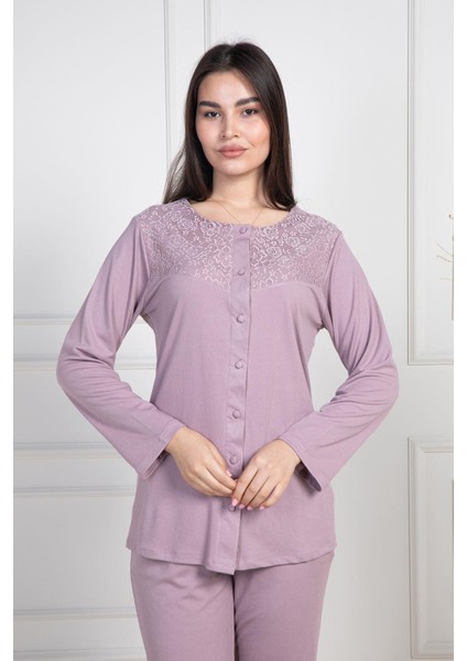 Mecit 6105 Gül Kurusu Kadın Büyük Beden Boydan Düğmeli Pijama Takımı