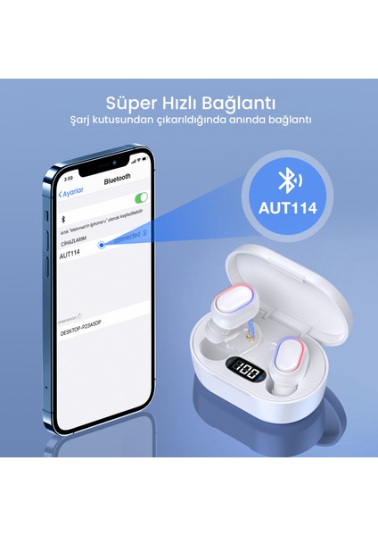 AUT114 Tws Bluetooth Kulaklık A8S - Ekran Göstergeli - Kablosuz - Ios ve Android Uyumlu - Şarj Kutulu - White