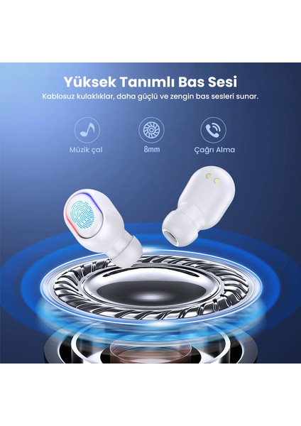 AUT114 Tws Bluetooth Kulaklık A8S - Ekran Göstergeli - Kablosuz - Ios ve Android Uyumlu - Şarj Kutulu - White