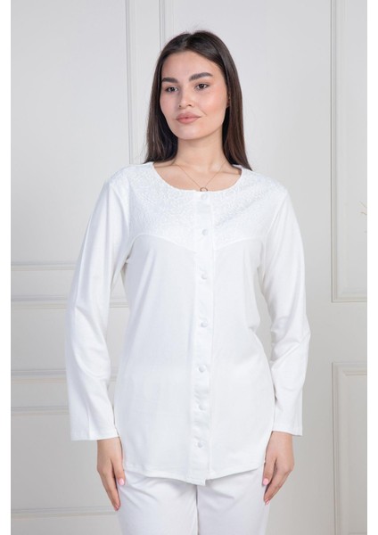 Mecit 6105 Ekru Kadın Büyük Beden Boydan Düğmeli Pijama Takımı